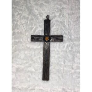 Rustic Textured Metal Wall Cross w/ Amber Center Stone Religious Western 11 x 5